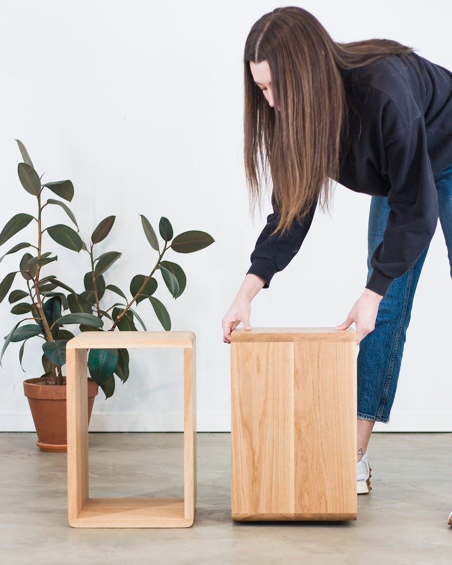Person assembling a wooden cube with a plant in the background